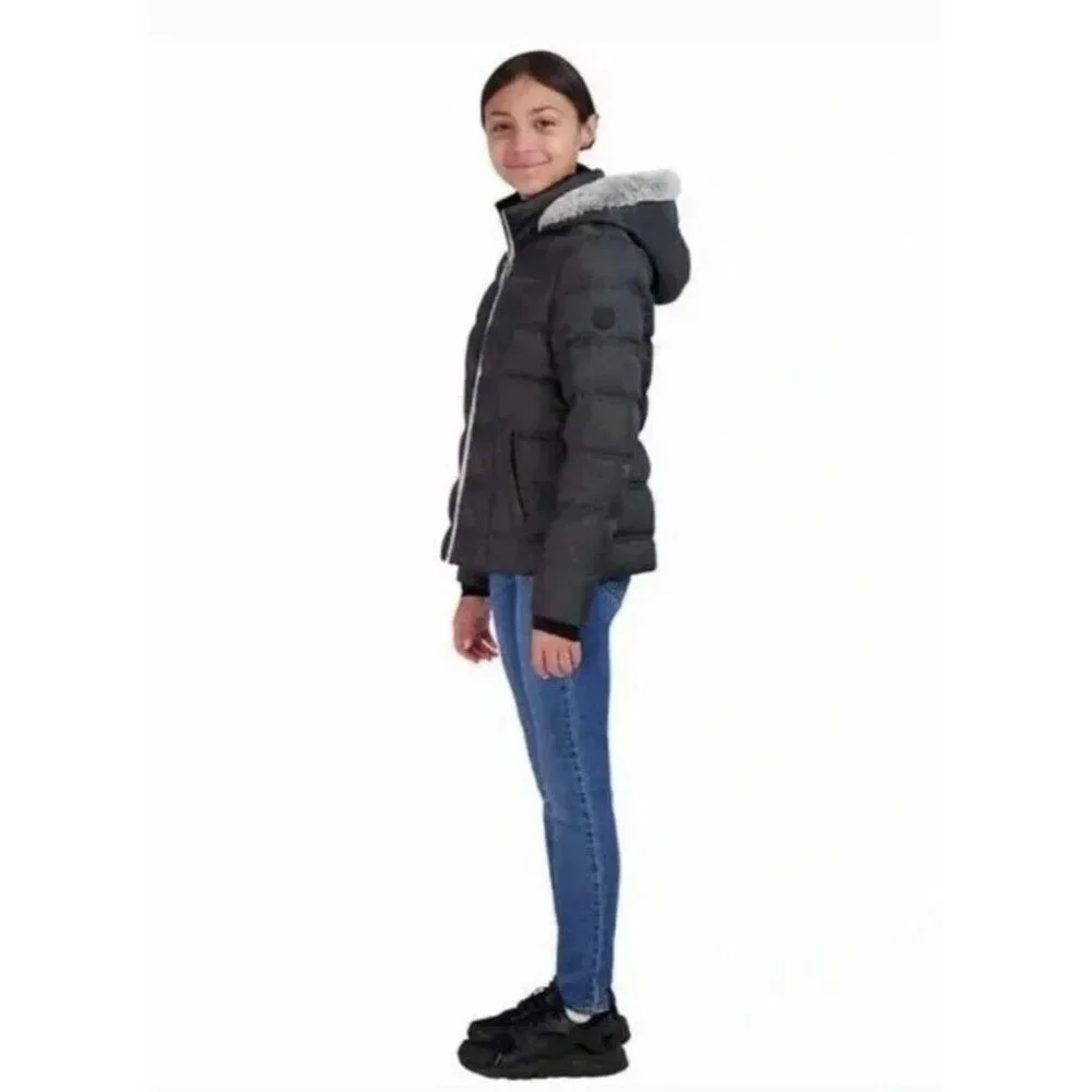 NWT SAGE Collective Youth Girls Faux Fur Hooded Puffer Jacket Coat Black Size S